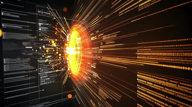 Orange and yellow data stream flowing through cyberspace with lines of code on digital monitors, representing the fast paced world of digital information and technology