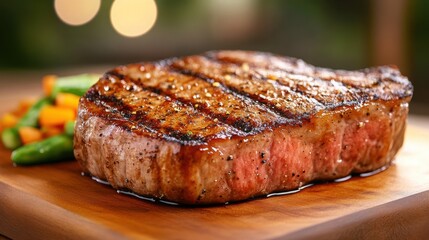 A gourmet dish of perfectly grilled steak with a smoky char, served with fresh vegetables