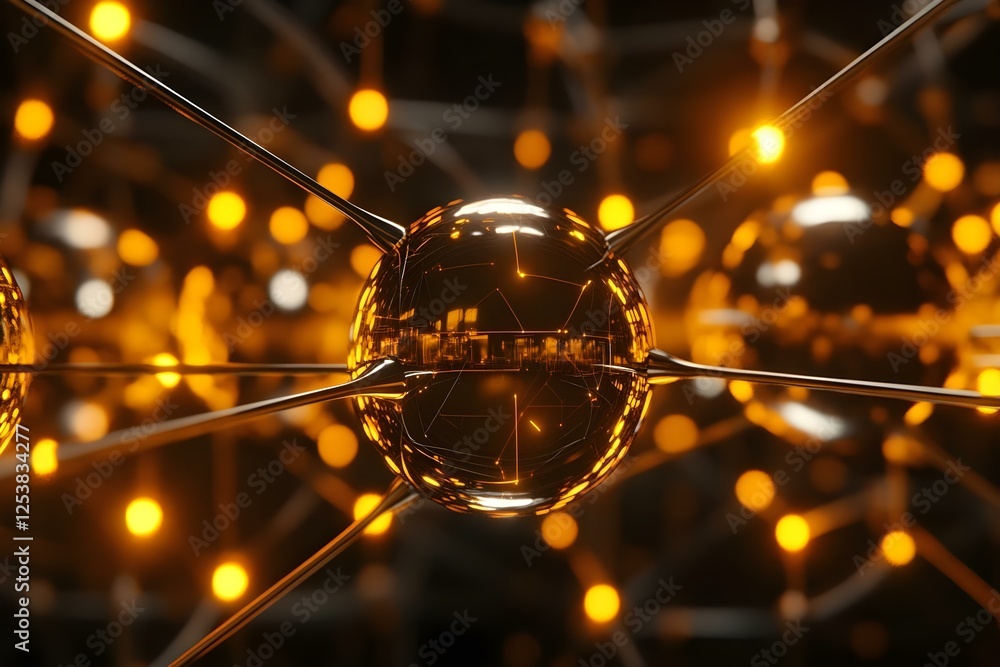 Poster a close-up view of interconnected, reflective spheres and light strands, creating an abstract, techn