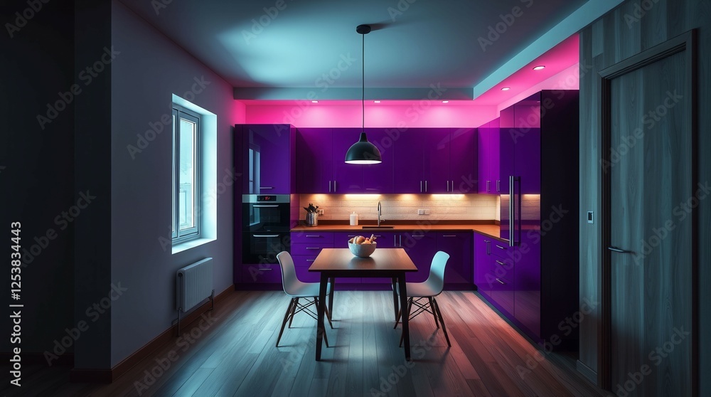 Poster a kitchen with a purple color theme and a table with two chairs. the table is set with a bowl and a 