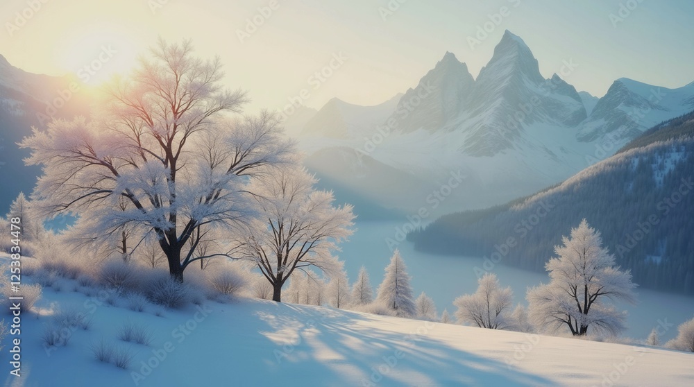 Poster a snowy mountain range with a tree in the foreground. the sun is shining on the snow, creating a bea