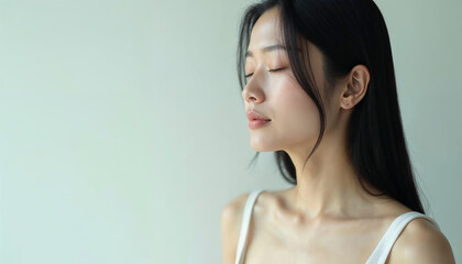 Fototapeta premium beautiful asian woman with eyes closed, side view, wearing tank top, beauty and woman, clean background.