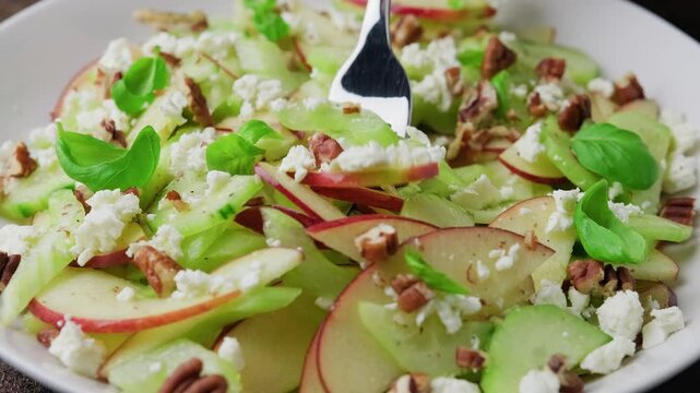 Eating Crunchy Celery, Apple, Cucumber and Feta Cheese Salad.