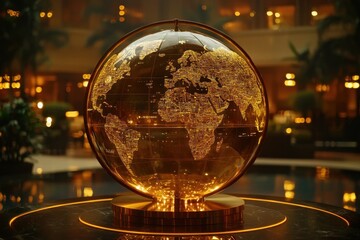 Illuminated globe in hotel lobby, reflecting in pool, symbolizing global travel