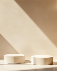 Minimalist Product Display with Sunlit Podiums on Beige Background