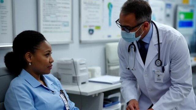 Doctor in Mask Consults African American Woman Patient. Healthcare professional and girl in clinic. World Health Day. Doctor patient consultation and trust.