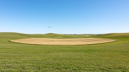 Obraz premium Golden Wheat Field on Rolling Hills, Sunny Day. Use Stock Photo