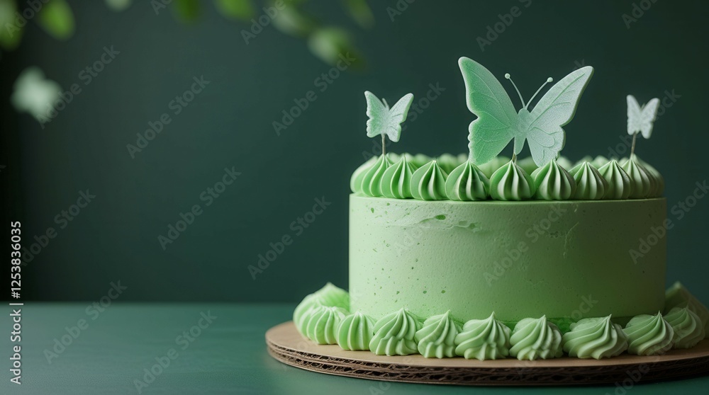 Poster a green cake with four butterflies on top. the cake is placed on a table with a green background