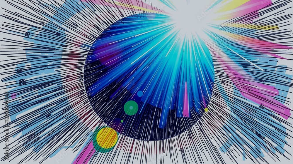 Poster a colorful, abstract image of a planet with a bright sun in the background. the sun is surrounded by