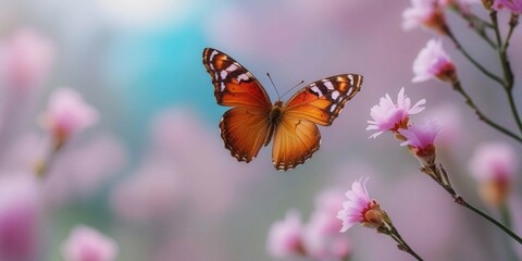 Obraz premium A butterfly is flying over a field of pink flowers. Concept of freedom and beauty, as the butterfly gracefully flutters through the air, surrounded by the vibrant colors of the flowers