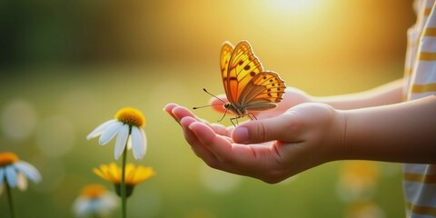 A hand holding a butterfly in a field of flowers. Concept of wonder and appreciation for nature's beauty
