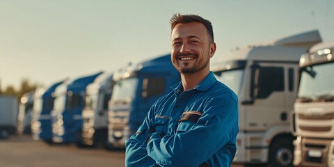 Smiling young caucasian male truck driver in front of fleet of trucks
