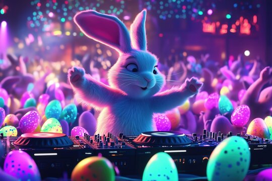 Cheerful Easter bunny DJ making neon Easter eggs bounce to the rhythm