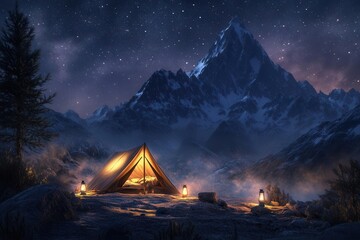 Mountain Tourist Campsite with Tent Under Starry Night Sky