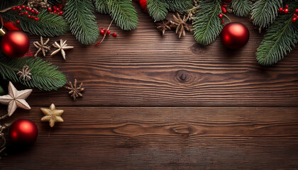 christmas background with decorations on wooden board