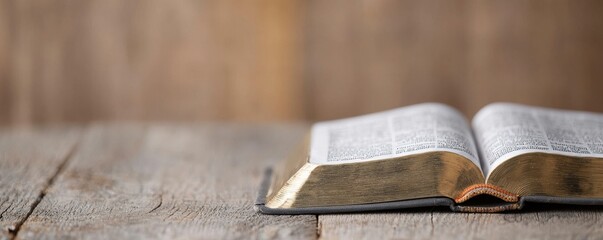 Open Holy Book on Wooden Table