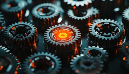 Glowing gear among dark gears, teamwork, industrial background, engineering concept