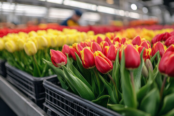 Brightly colored tulips arranged in a florist shop showcasing vibrant blooms and lush greenery in a bustling flower market, Flower sales and growing