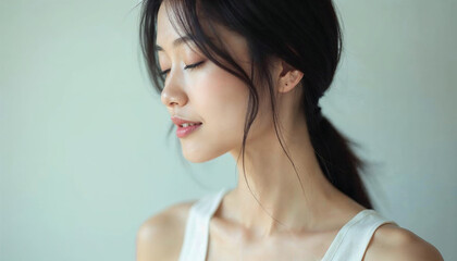 beautiful asian woman with eyes closed, side view, wearing tank top, beauty and woman, clean background.