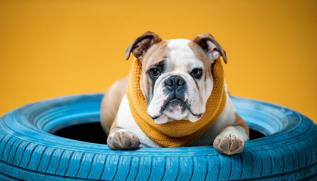 bulldog sporting scarf mendacity among tires on blue and yellow heritage searching adore it s geared up for a workout