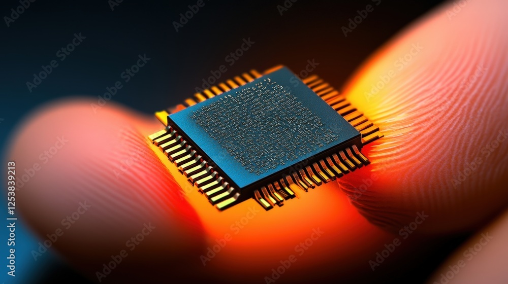 Poster illuminated microchip held in hand with warm glow and dark background