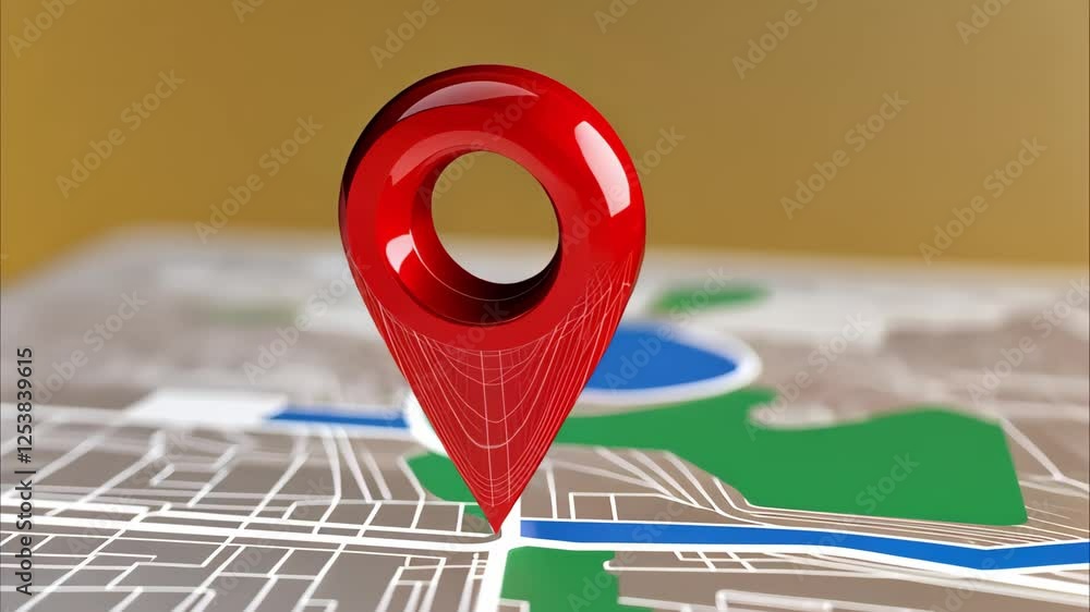 Poster a red location pin sits on a stylized map, indicating a specific geographical point or destination.