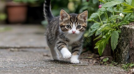 Adorable tabby kitten walking outdoors.