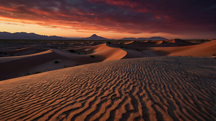 Desert landscape with dark red sunset dark sky