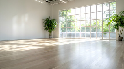 Sunlit studio space, large window, plants, hardwood floor, ideal for yoga or events