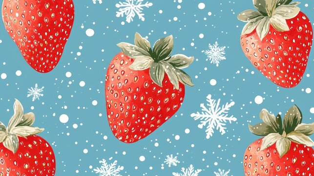 A whimsical pattern featuring strawberries and snowflakes on a blue background.