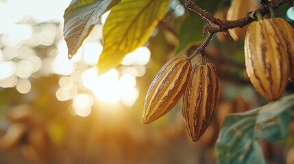 Cocoa Pods Hanging From Branches Under Golden Sunset