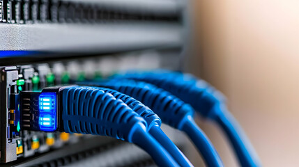 Network cables plugged into server, data center background