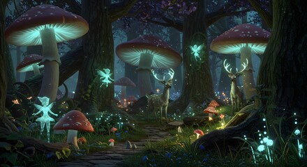 Enchanted Forest Scene with Glowing Mushrooms, Fairies, and Deers