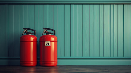 Red fire extinguisher safety equipment for home and office secured on teal wooden wall with copy space