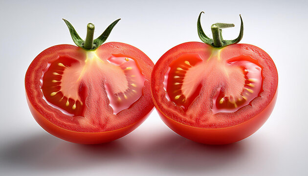 two halves of a red tomato highlighted on a white background