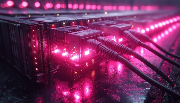 Server room with glowing cables and pink lights, data center, network technology
