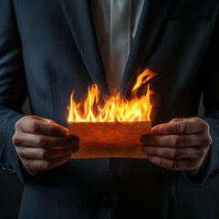 Business professional holding burning document with dramatic flames in dark office setting
