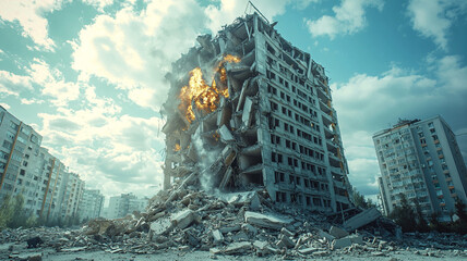 Obraz premium Damaged building collapse in urban area with dramatic clouds and destruction aftermath cityscape view