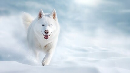 Naklejka premium A Siberian husky pulling a sled through the deep taiga, snow flying up from its paws, cinematic motion