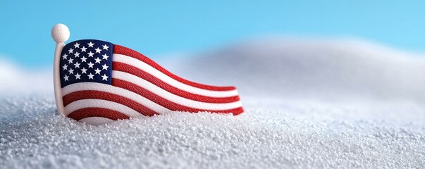 Obraz premium Waving American flag on a snowy landscape.