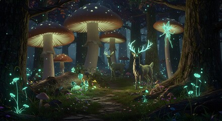 Enchanted Forest Scene with Deer, Glowing Mushrooms, and Fairy