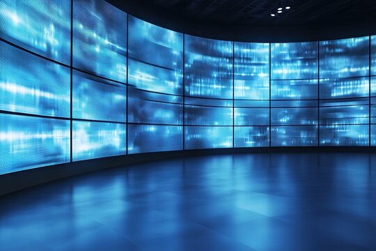 Blue toned news studio with curved screens