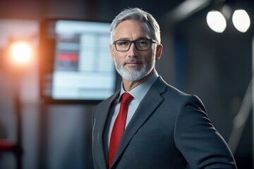Mature news anchor in studio, confidence radiating
