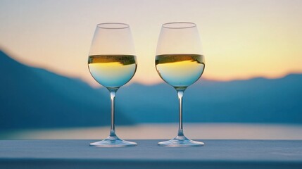 A stunning sunset over a Canadian vineyard, wine glasses clinking, luxury and relaxation, cinematic elegance