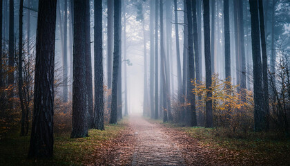 Obraz premium mysterious darkish foggy autumn forest pathway among excessive trees at fading forest