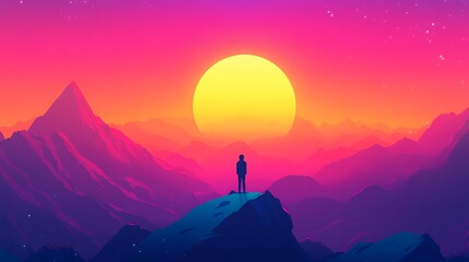 Solitary Figure Admires Vibrant Sunset Over Majestic Mountains