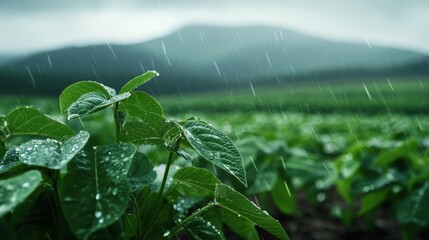 Focus on a soybean plant showing underdeveloped pods amid changing weather conditions