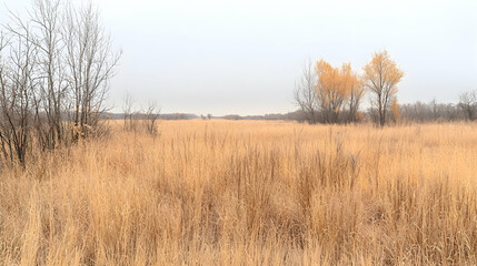 Fototapeta premium Autumnal grassland, pale sky, bare trees, tranquil scene; nature background