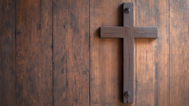 Wooden cross on rustic wooden background.