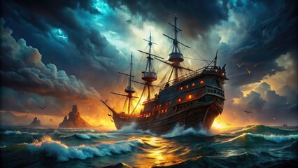 Obraz premium G7 photography immortalizes a spectacular, legendary ghost ship sailing a dramatic ocean. Maritime mystery and sailing vessel dominate the seascape.